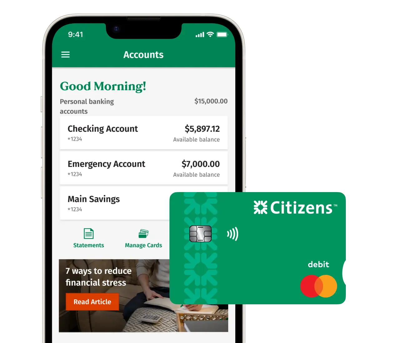 A phone with the Citizens app and a citizens debit card